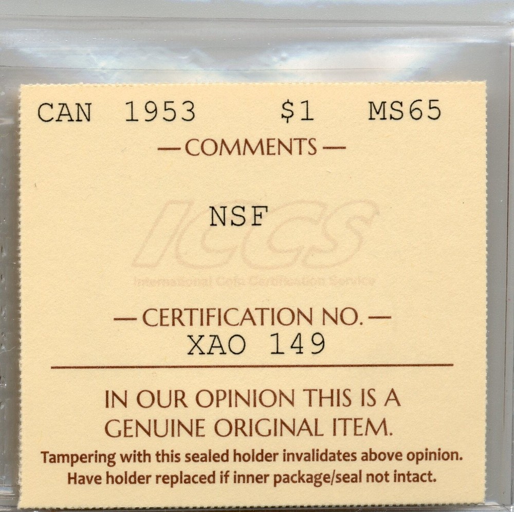 1953 Canada Silver Dollar, No Shoulder Fold - Gem Uncirculated, ICCS MS 65