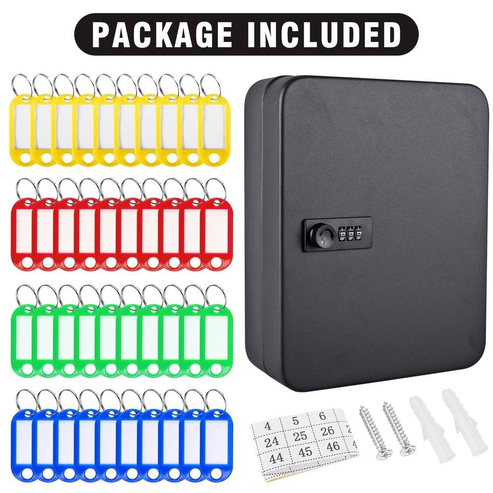 Kikerike Key Box Wall Mount, 48 Hooks & 48 (Combination Lock ), Black