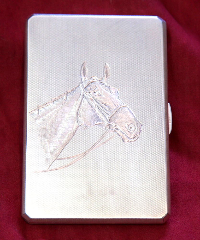 A Wilcox, Solid Sterling Silver Card, Cigar, Cigarette Case 1947 - Horse, Racing