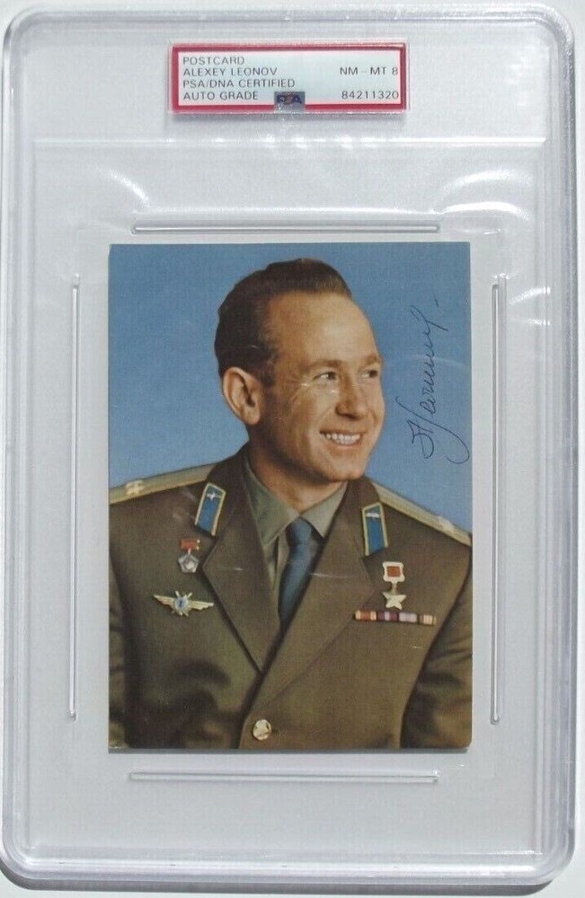 ALEXEI LEONOV Signed Russian Postcard First Man Walk in Space PSA Authenticated