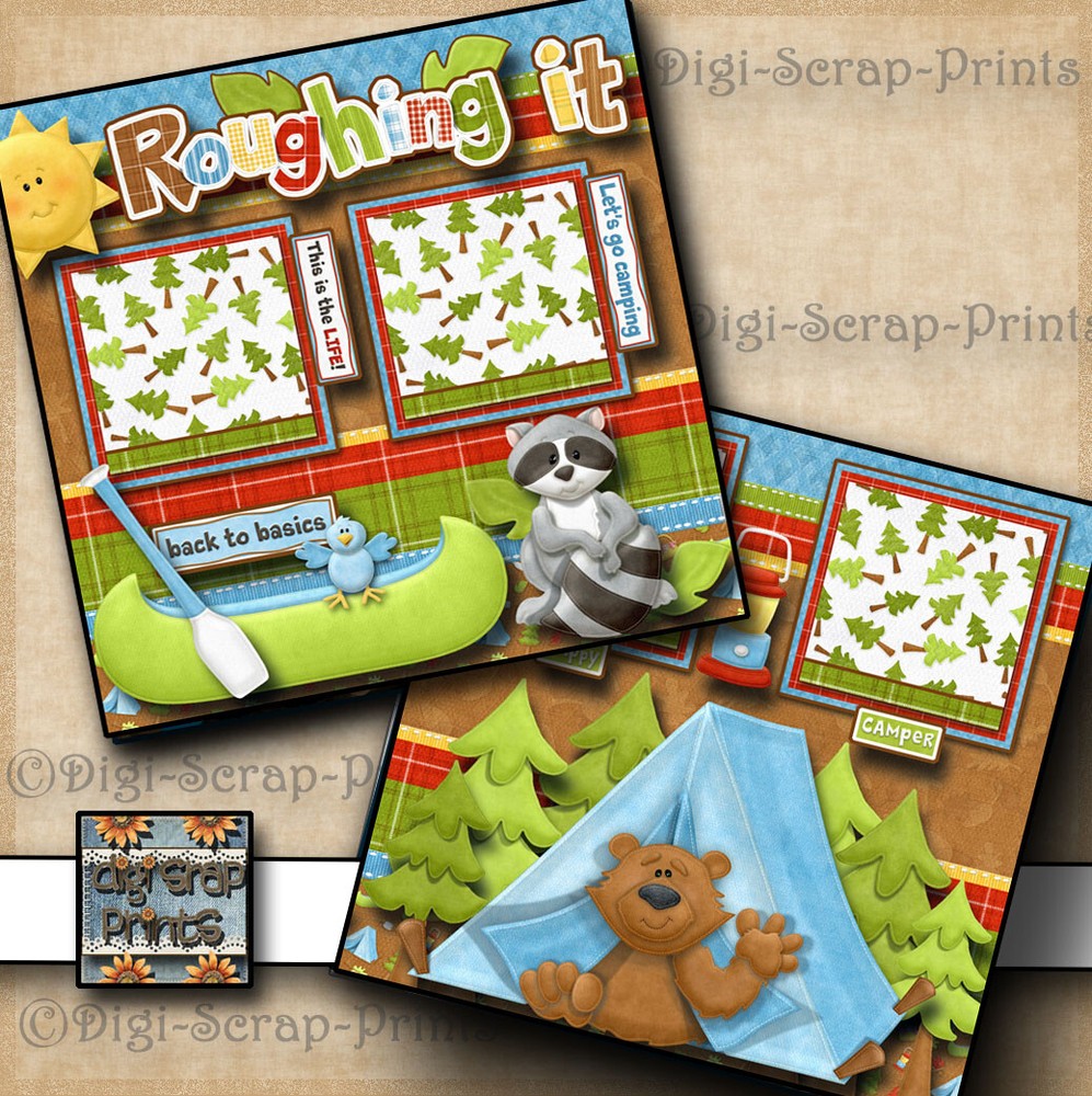 ROUGHING IT camping premade scrapbook pages paper piecing layout DIGISCRAP A0130