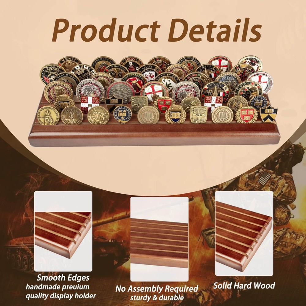 Cokritsm Military Challenge Coins Display Holder Solid Wood 6 Rows Dark Brown