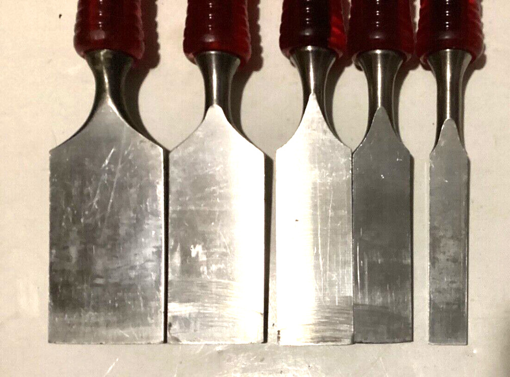VTG P&C 5 Chisel set Permaloid Red Handle Cabinetmakers Tools RARE. 1/2”-1 1/2”