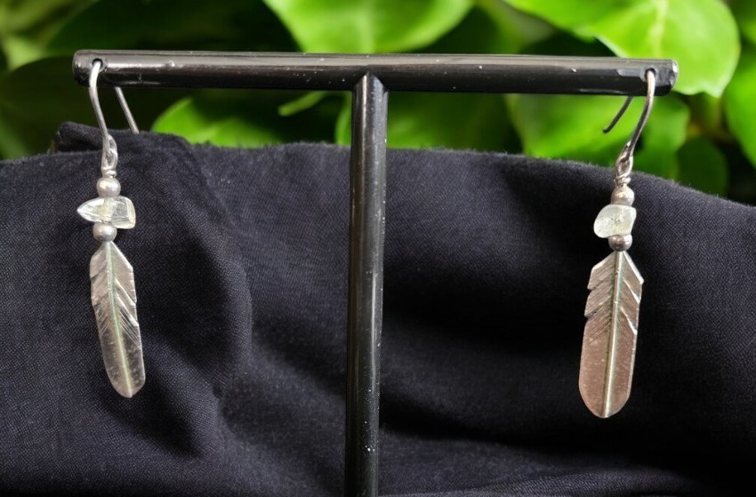 Southwestern Sterling Silver Clear Gemstone Feather Dangle Earrings