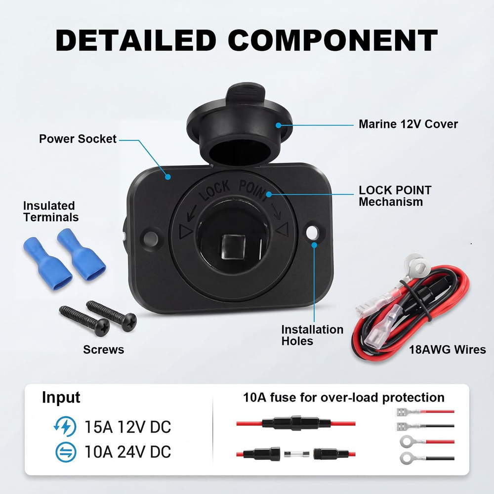 2 Pack Cigarette Lighter Socket, Waterproof Power Outlet for Car, Marine, Motorc