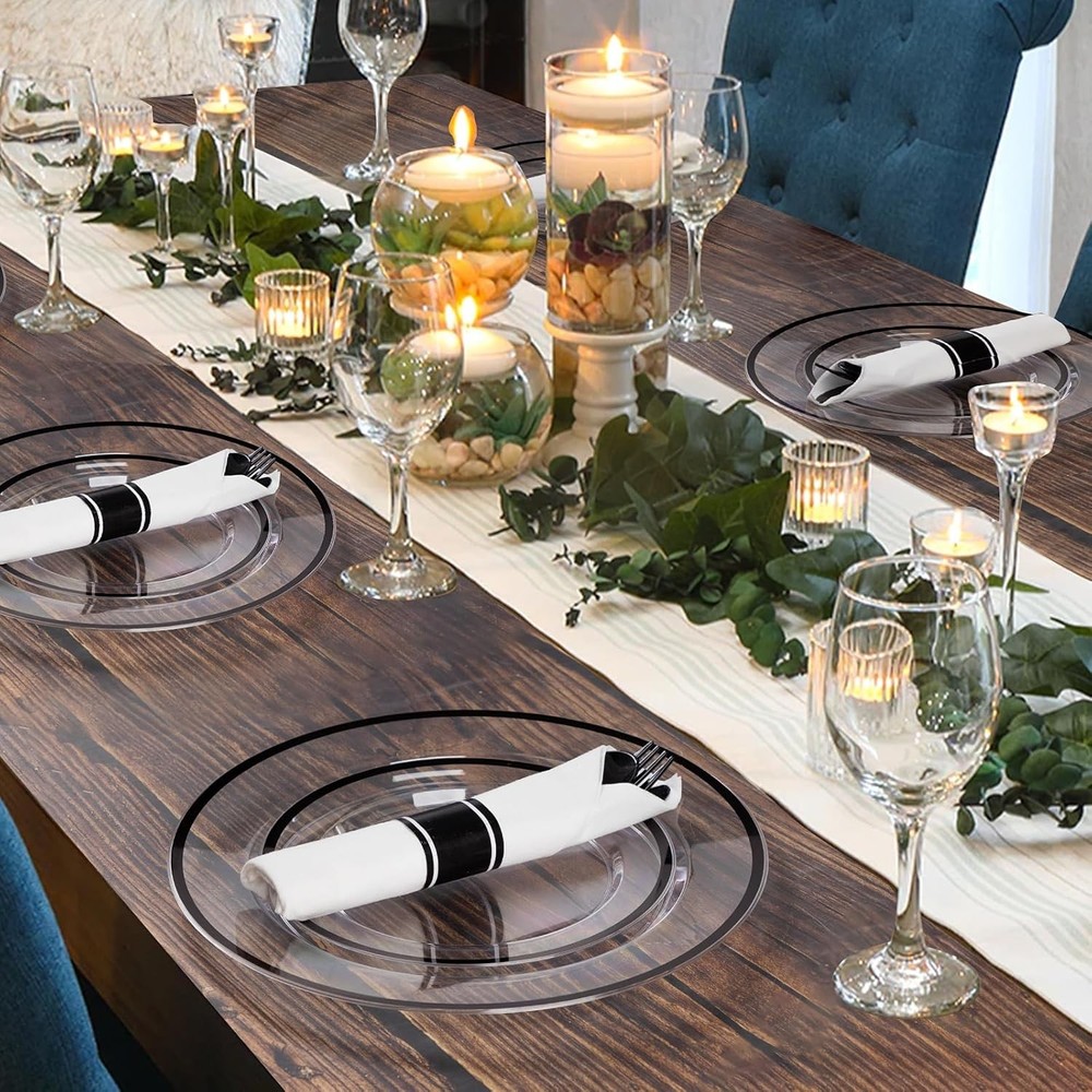 350 Piece Black Plastic Dinnerware Set for Party, Clear Disposable Plates