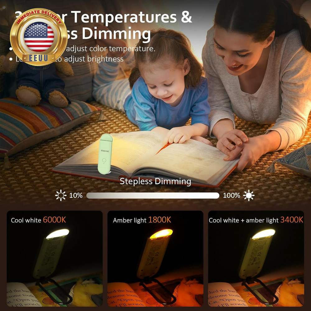 Book Light, USB Rechargeable, Eye-Cared Amber Light, 8 Leds, Green, Modern Style