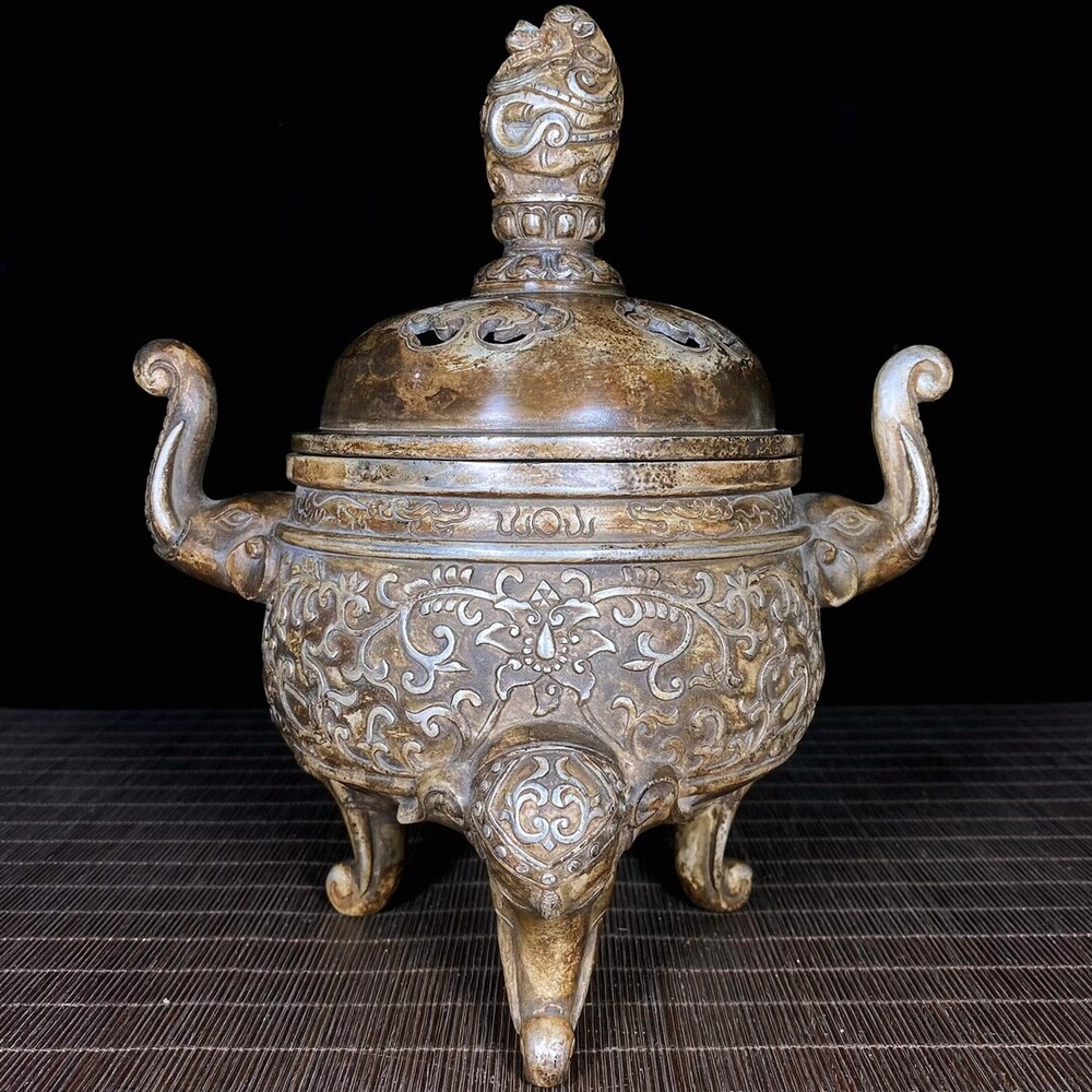 10" old China antique Sterling Silver decorative pattern Incense burner
