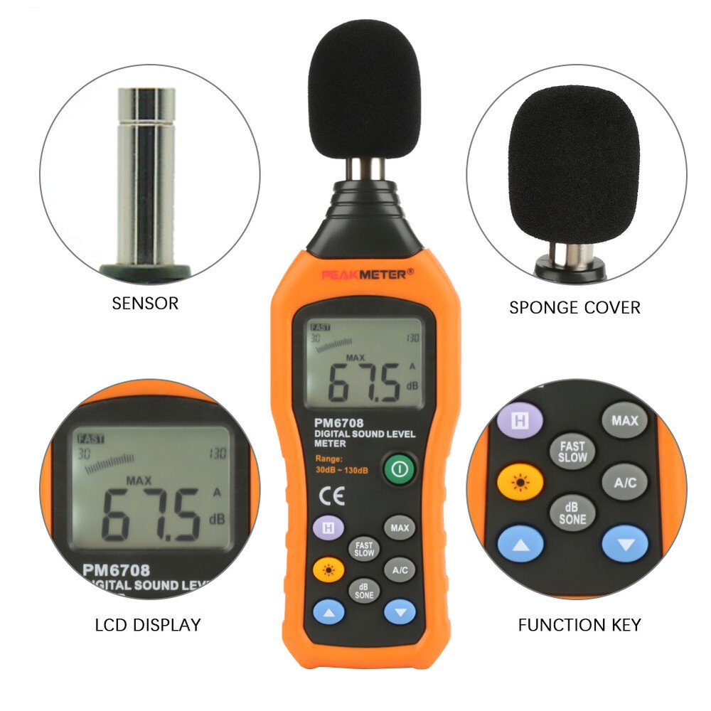 PEAKMETER PM6708 Sound Meter Data Logging Hold 30~130dB Measuring Range