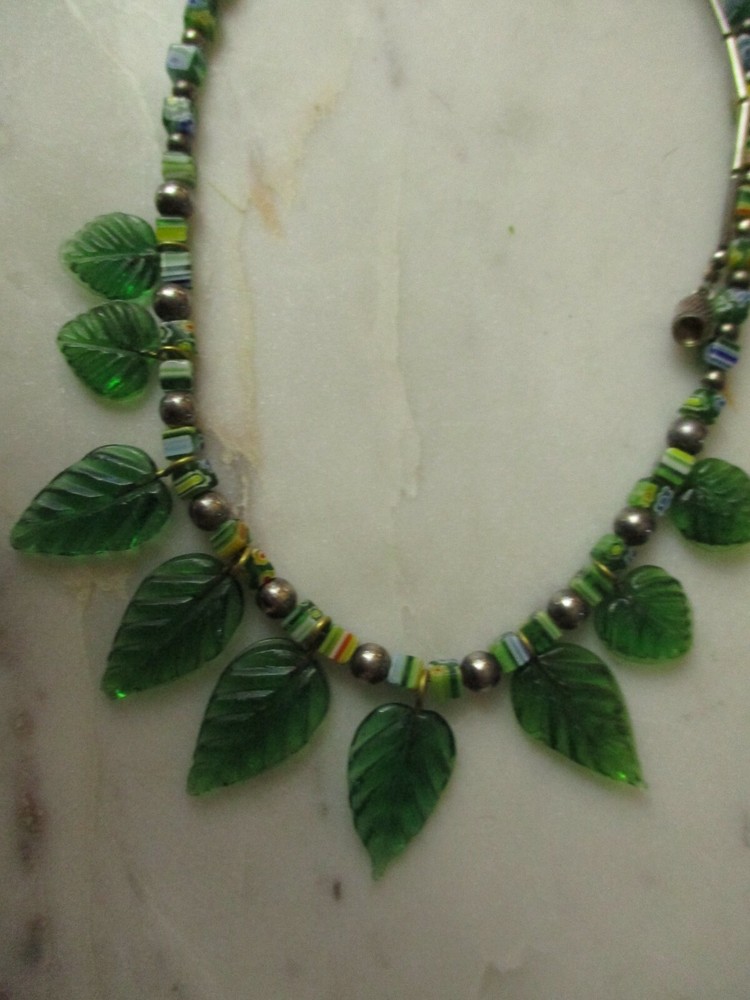 Glass necklace Merano beads leaf pattern hippy boho