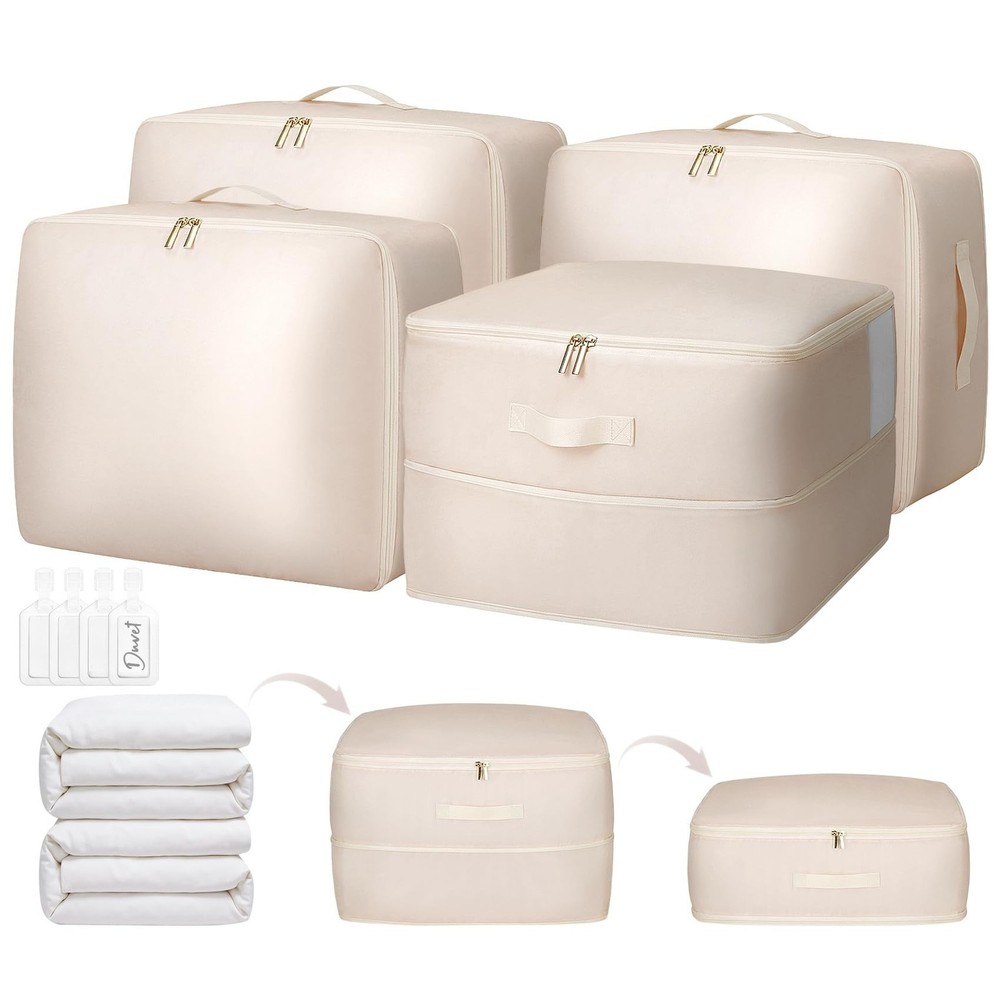 4 Pack Comforter Storage Bag, 68L Blanket Storage Bags Self Compression Comfo...
