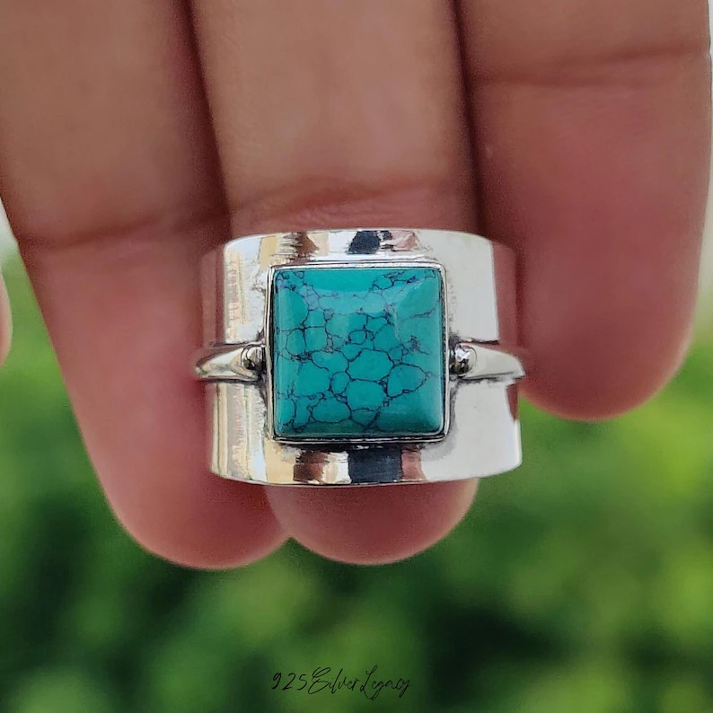 Solid 925 Sterling Silver Natural Turquoise Square Gemstone Wide Band Boho Ring