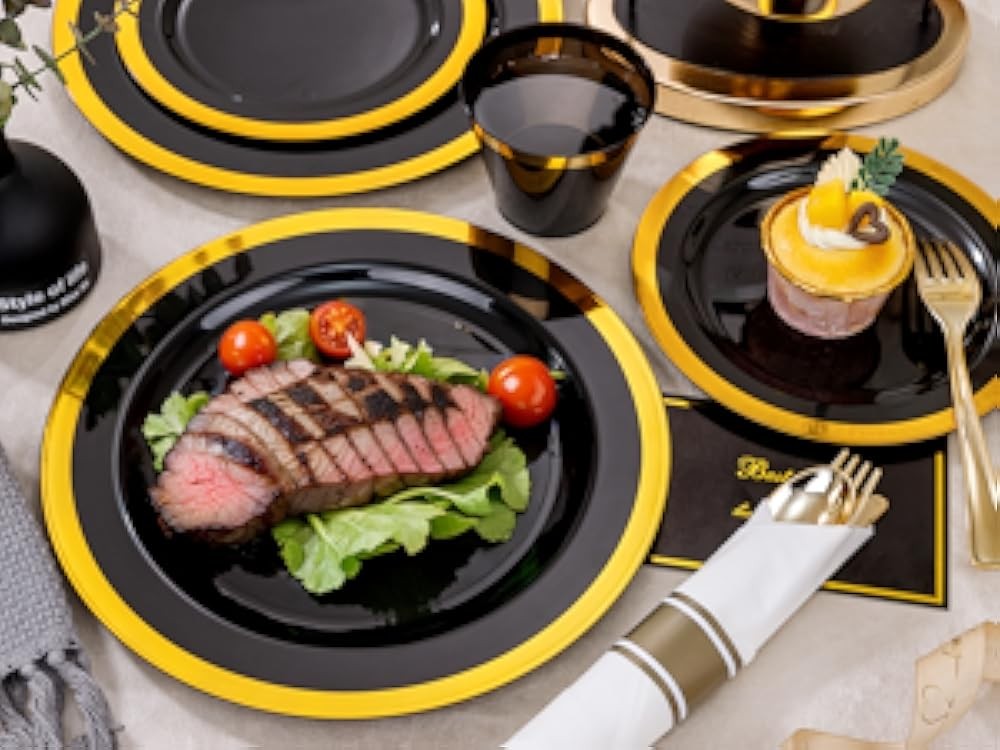 Bla and Gold Plastic Plates - Gold Disposable Dinnerware Sets for