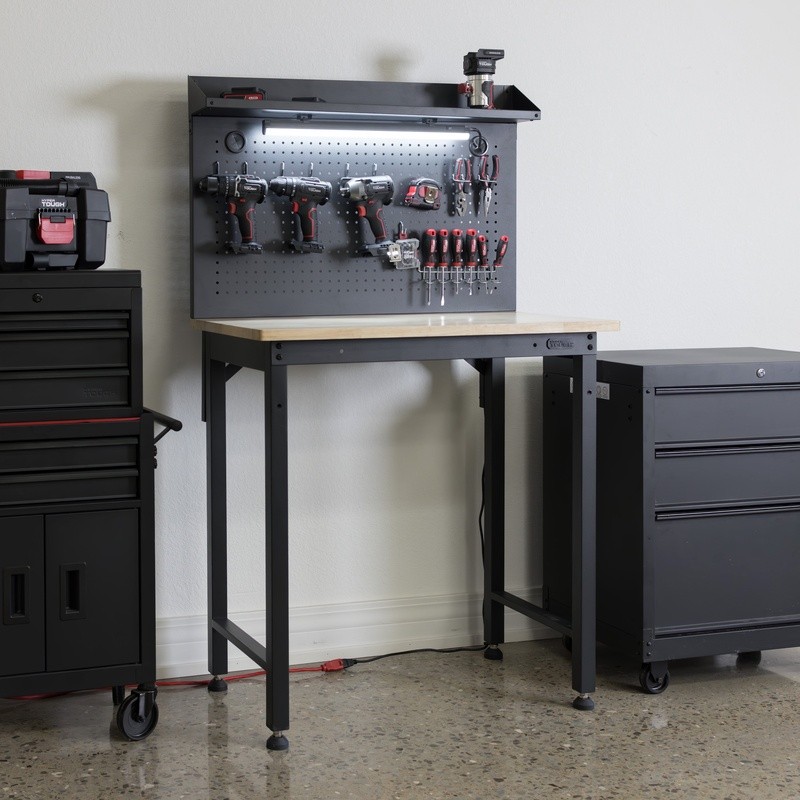 36 Inch Heavy Duty Workbench W/ Pegboard LED Light Garage Workshop Storage New