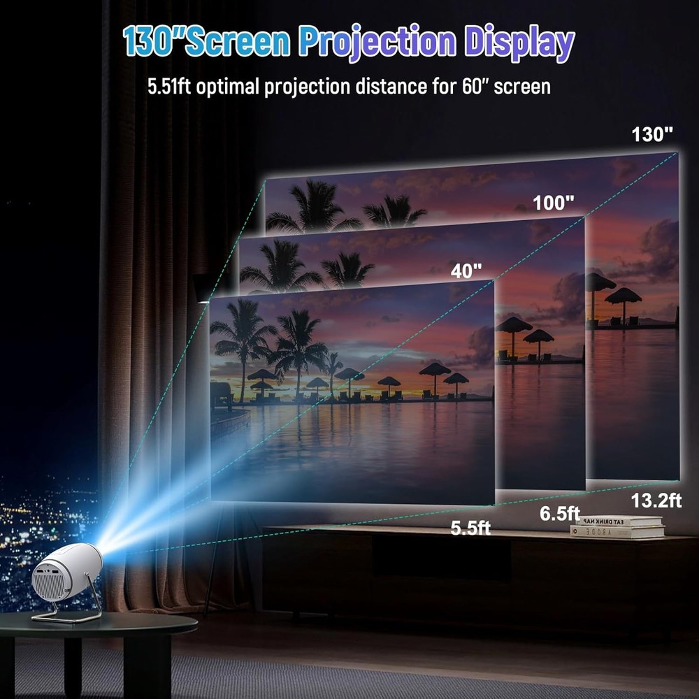 Mini WiFi Bluetooth Projector-4K 1080P 180° Rotatable Auto Keystone 130" Screen