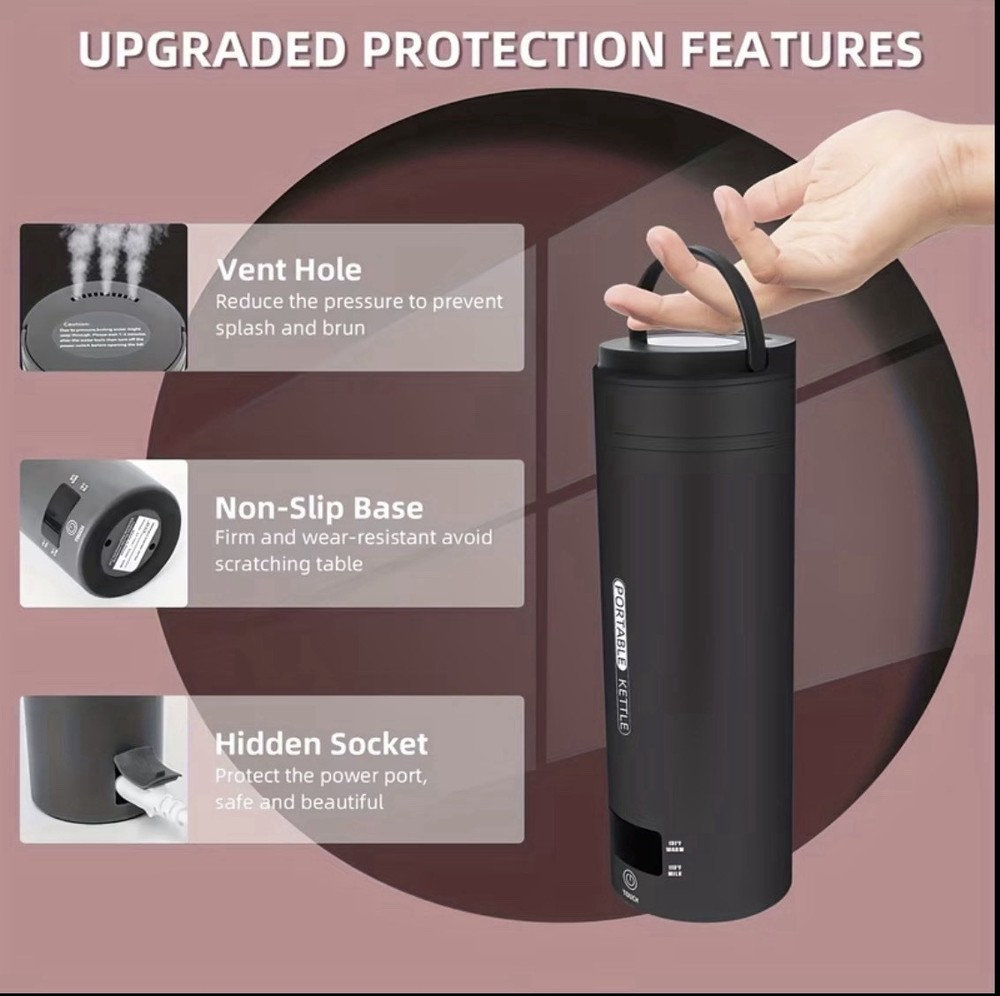Portable Cordless Electric Kettle 450ml Black Temp Control, Auto Shut-Off