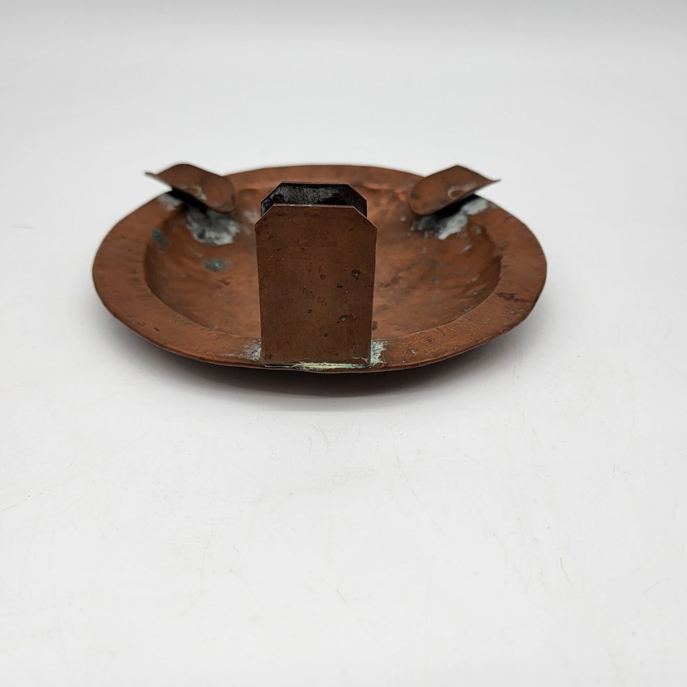 Antique Handmade Hammered Copper Ashtray with Matchbox Holder