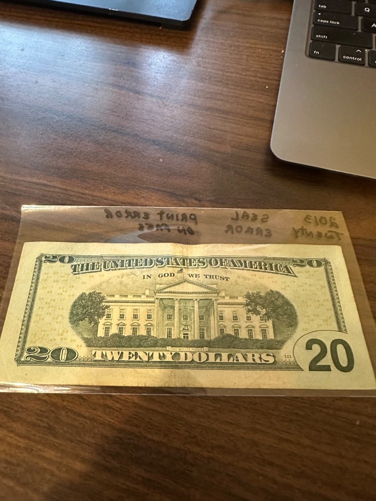 2013 Twenty dollar bill printing error. Two printing errors, one on the face .