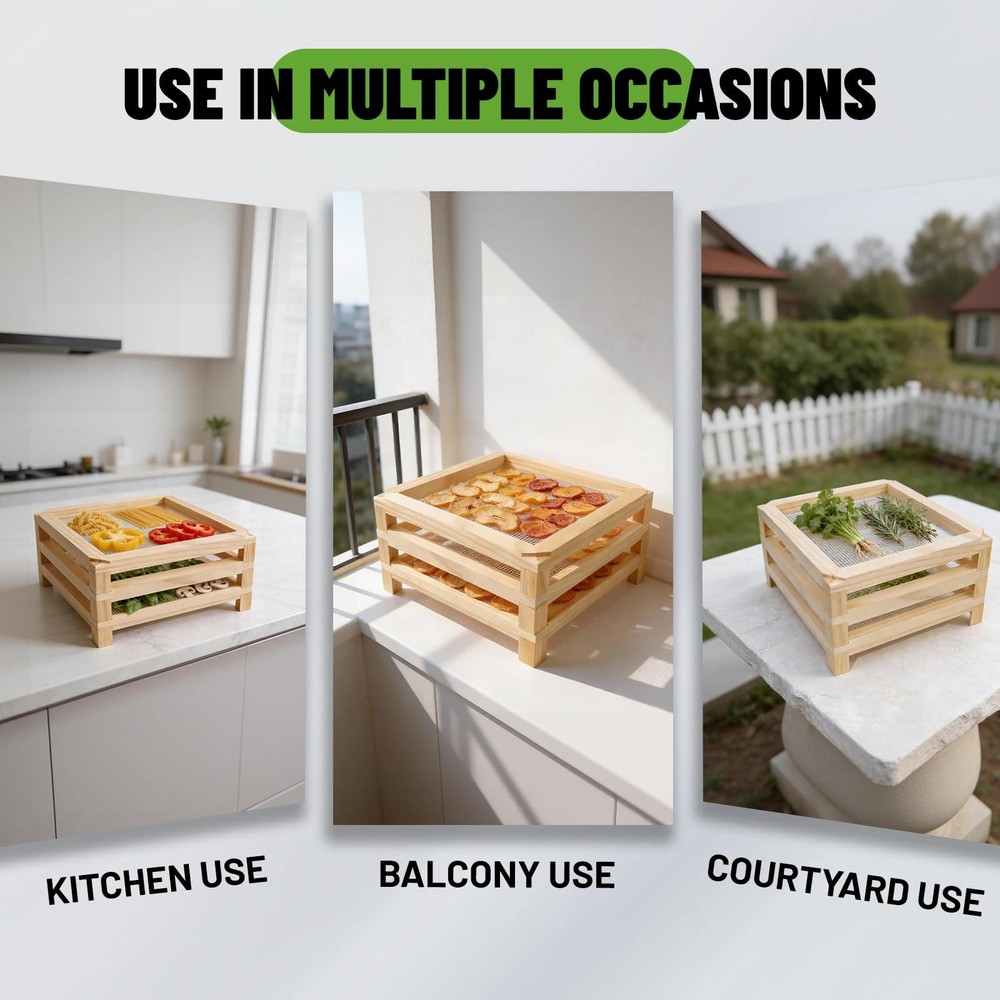 11.8 Inch Square Wooden Desktop Herb Drying Rack Mesh NoDrill Stackable