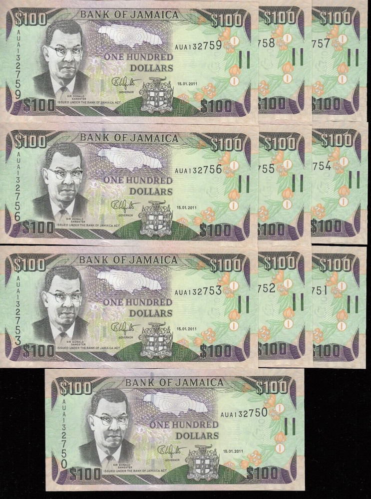 2011 Jamaica 100 Dollar Banknotes - 10 Consecutive   A3