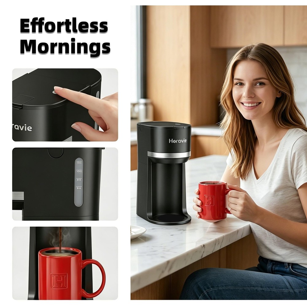 Horavie Mini Single Serve Coffee Maker for K Cup and 9.45 Inches, Black