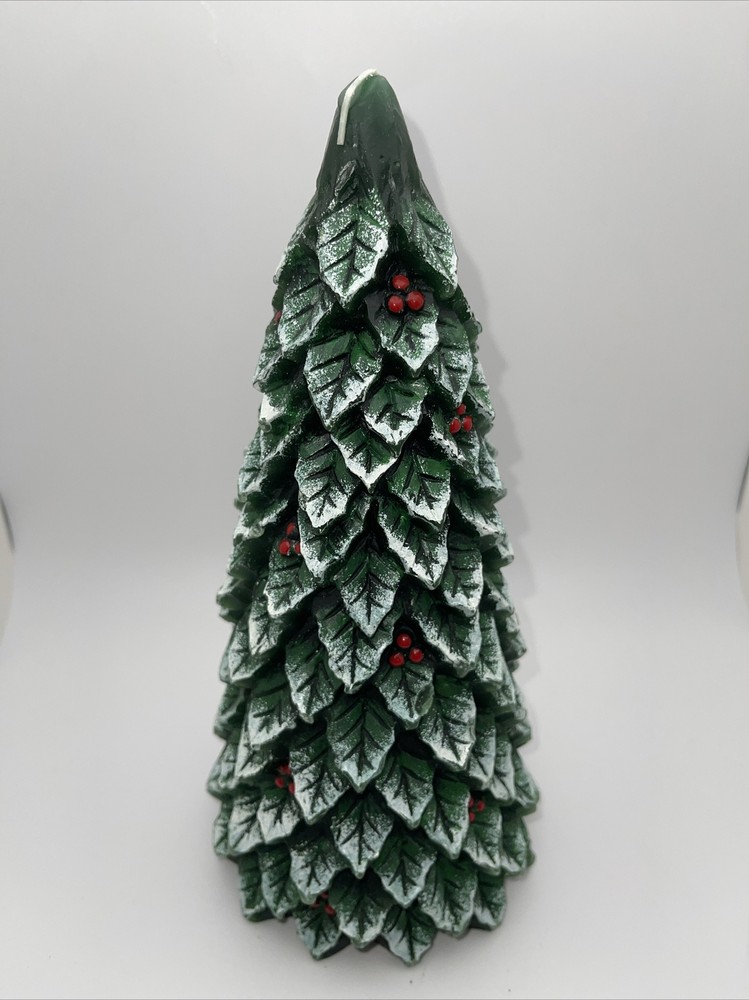 Pine Tree Christmas Candle with Holly Berries 10.25”
