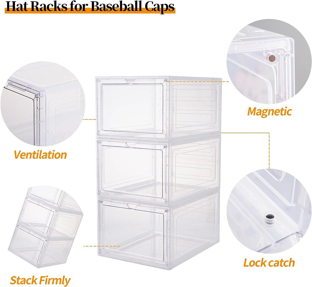 6-Pack Hat Organizer Transparent Hat Storage Box Stackable Clear Hat Rack