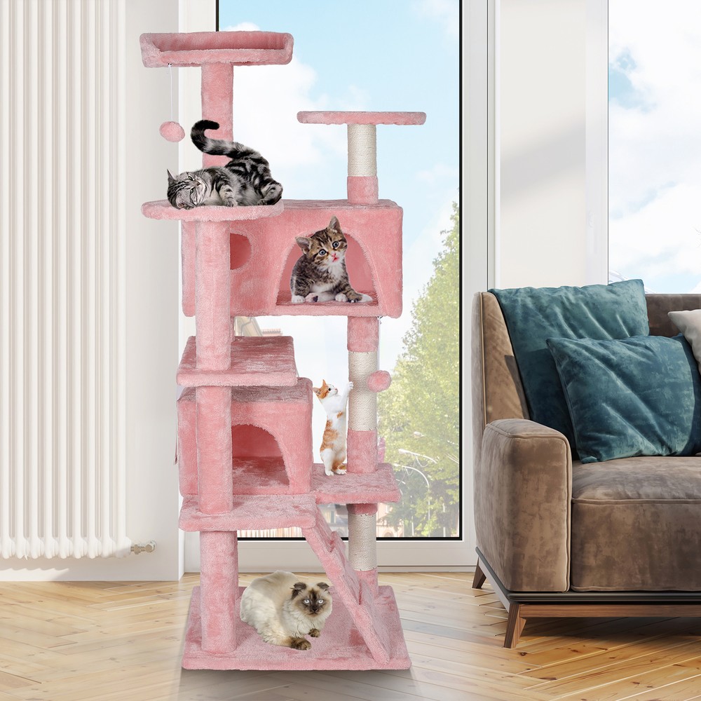55 Inch Multi-Level Cat Tree Tower Kitten Condo House with Scratching Posts Pink