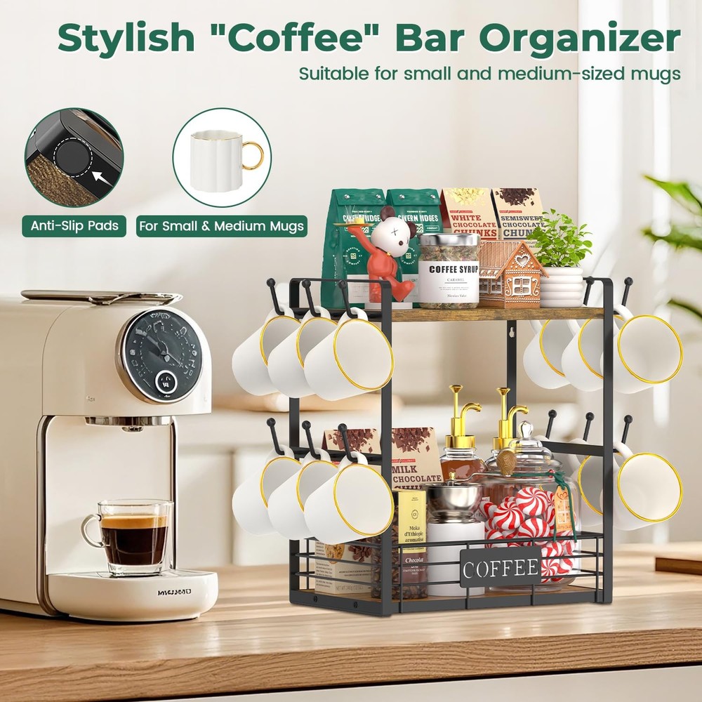 Coffee Mug Cup Holder Tree Bar Station Organizer, 2 Tier Mug Stand Rack for C...