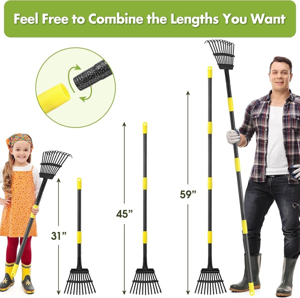 Durable 11-Tine Garden Rake for Effortless Leaf Cleanup - 60” Adjustable Handle