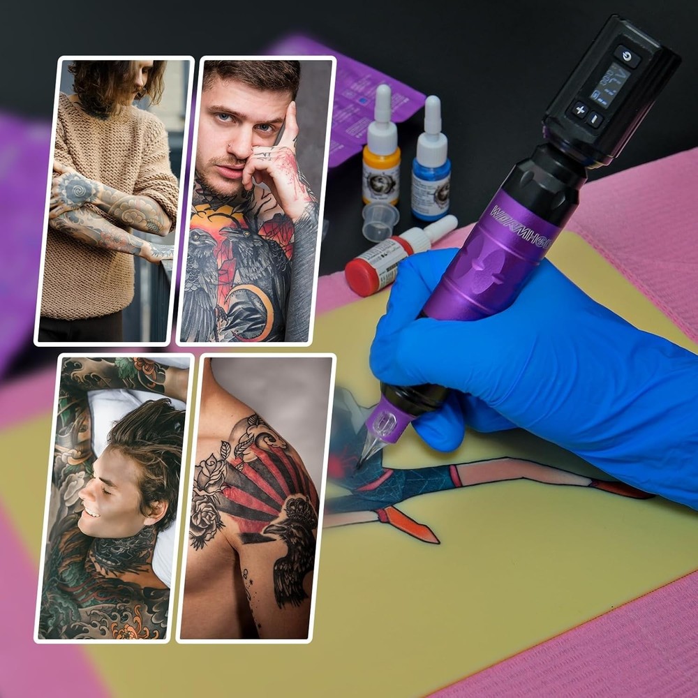 Complete Tattoo Experience: Wireless Machine, Ink Set & 20 Needles - Purple Kit