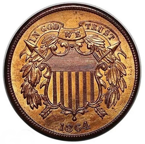 1864 Two Cent Piece Large Motto, Fully Red Sharp Details, Scarce This Nice #98