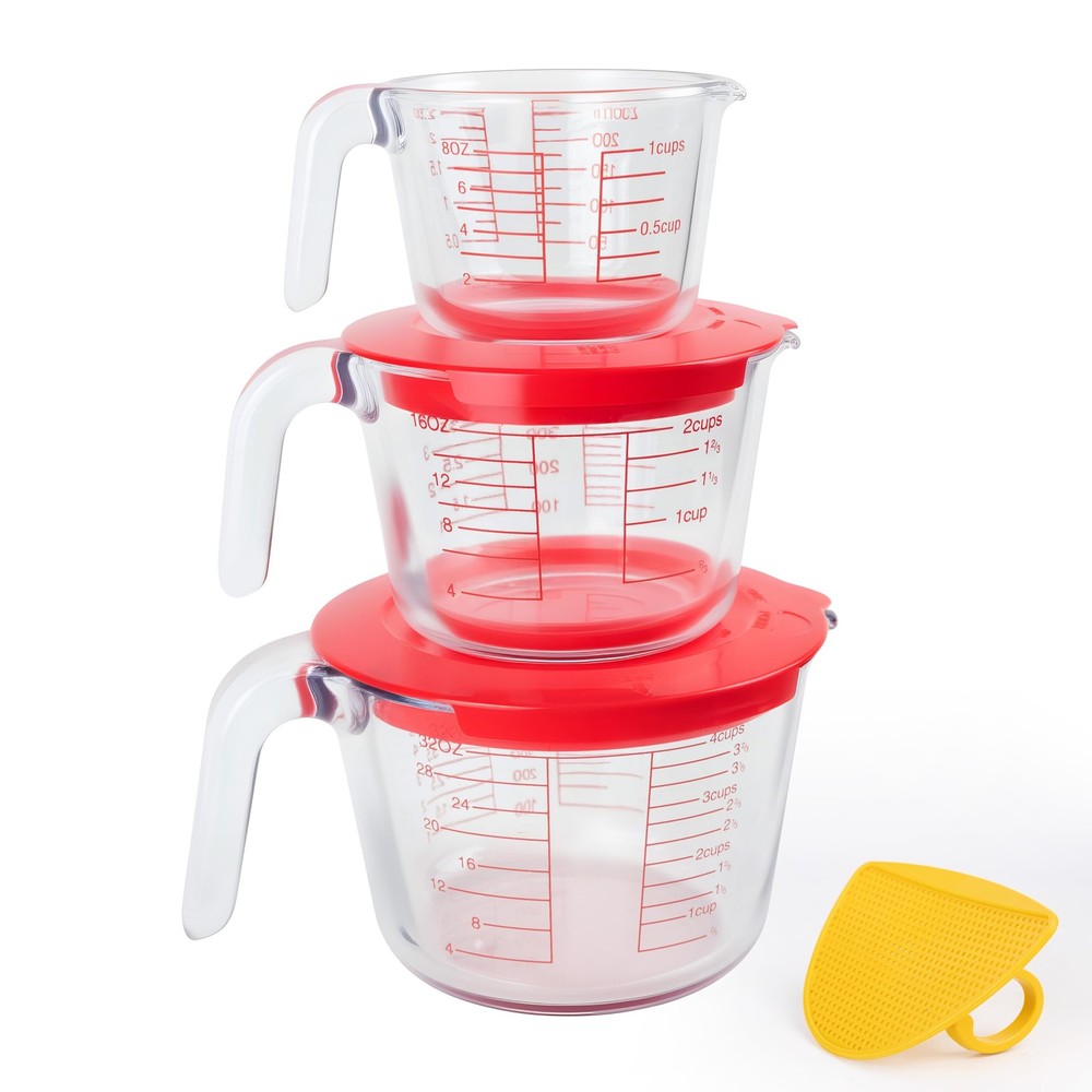CUTEPLAN 6 Pcs Glass Measuring Cups Set with Lids Small & Large, Red
