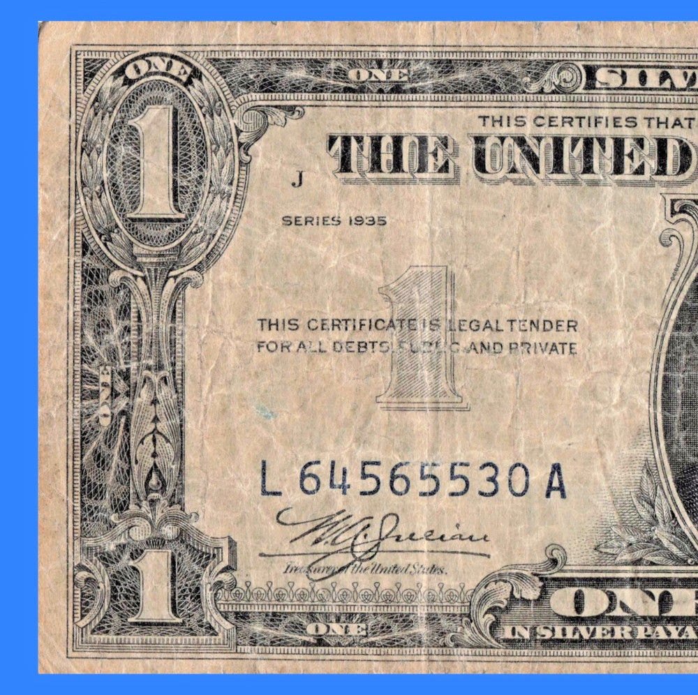 1935 $1 One Dollar Silver Certificate Double Date Gutter Fold Error, Circulated