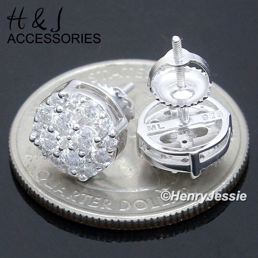 MEN SOLID 925 STERLING SILVER BLING MOISSANITE 9MM 3D ROUND STUD EARRING*AME261