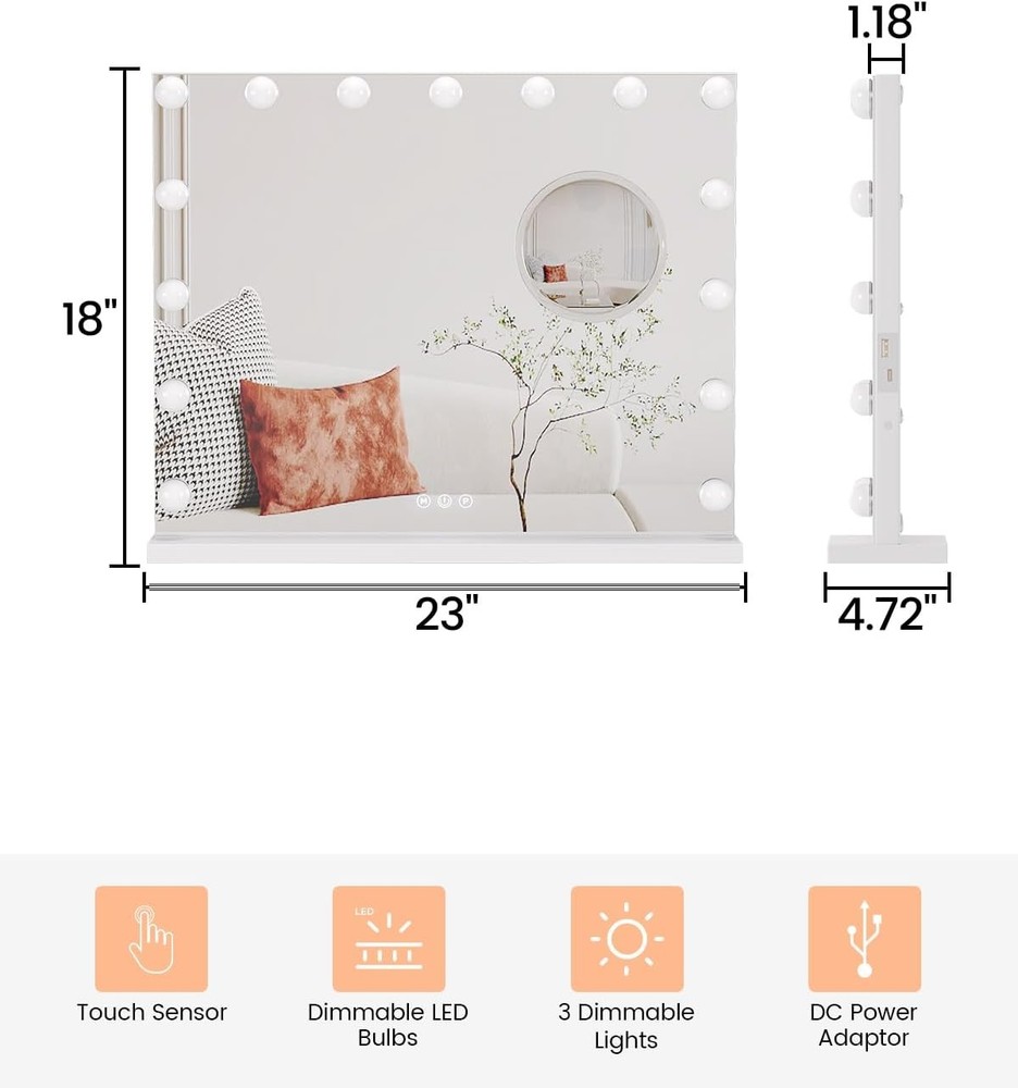 23x18" Lighted Vanity Mirror with 15 LED Bulbs, 3X Magnification & Touch Control