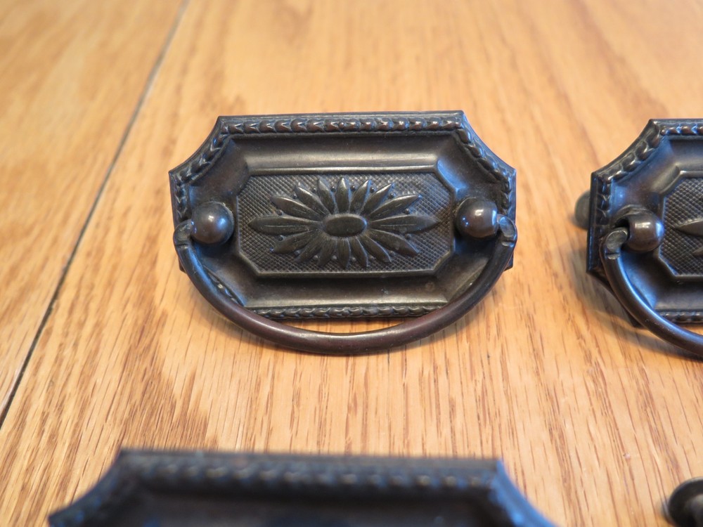 Antique Brass Tone Drawer Pulls Drop Pulls - Set of 9