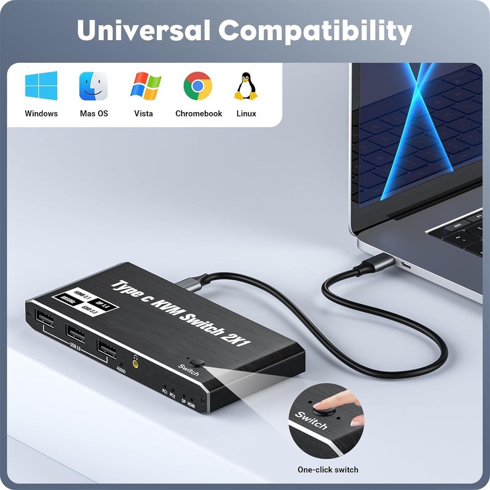 2x1 8K USB C KVM Switch 3.5mm 100W PD Charge Type C KVM Switch Share Accessories