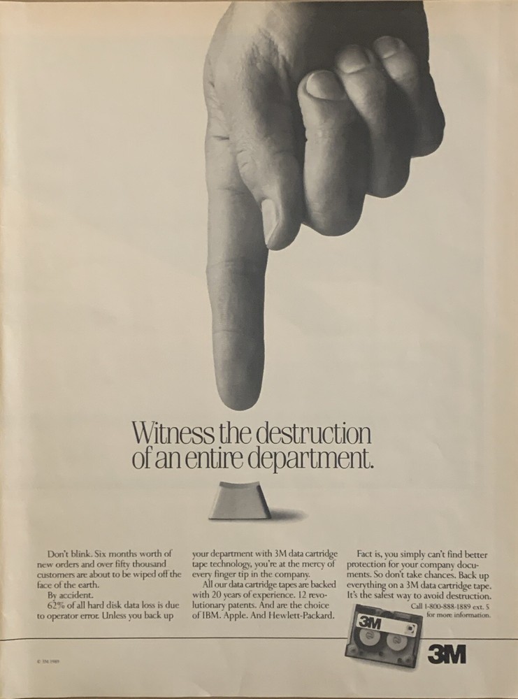 1989 3M Computer Data Cartridge Tape PRINT AD Operator Error Button Push VTG 80s