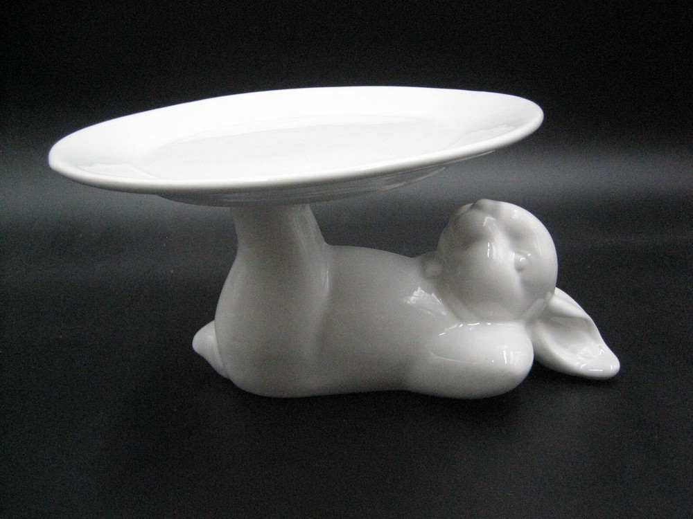 Ceramic Easter Bunny Rabbit Balancing Plate w/ Feet White UNIQUE