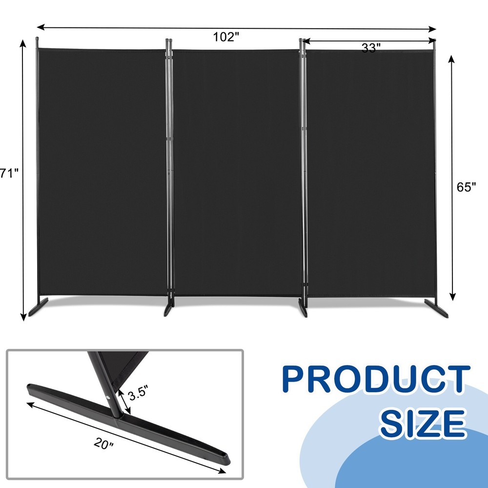 6' Black Trifold Polyester Cloth Plastic Foot Carbon Steel Frame Foldable Screen
