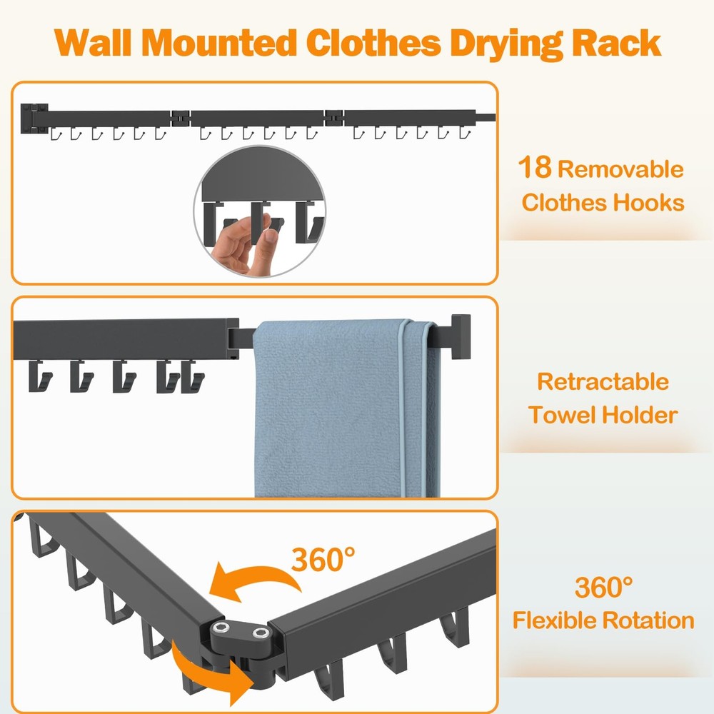 Wall Mount Clothes Drying Rack, 2-Fold Foldable & Sturdy Laundry Drying Rack ...