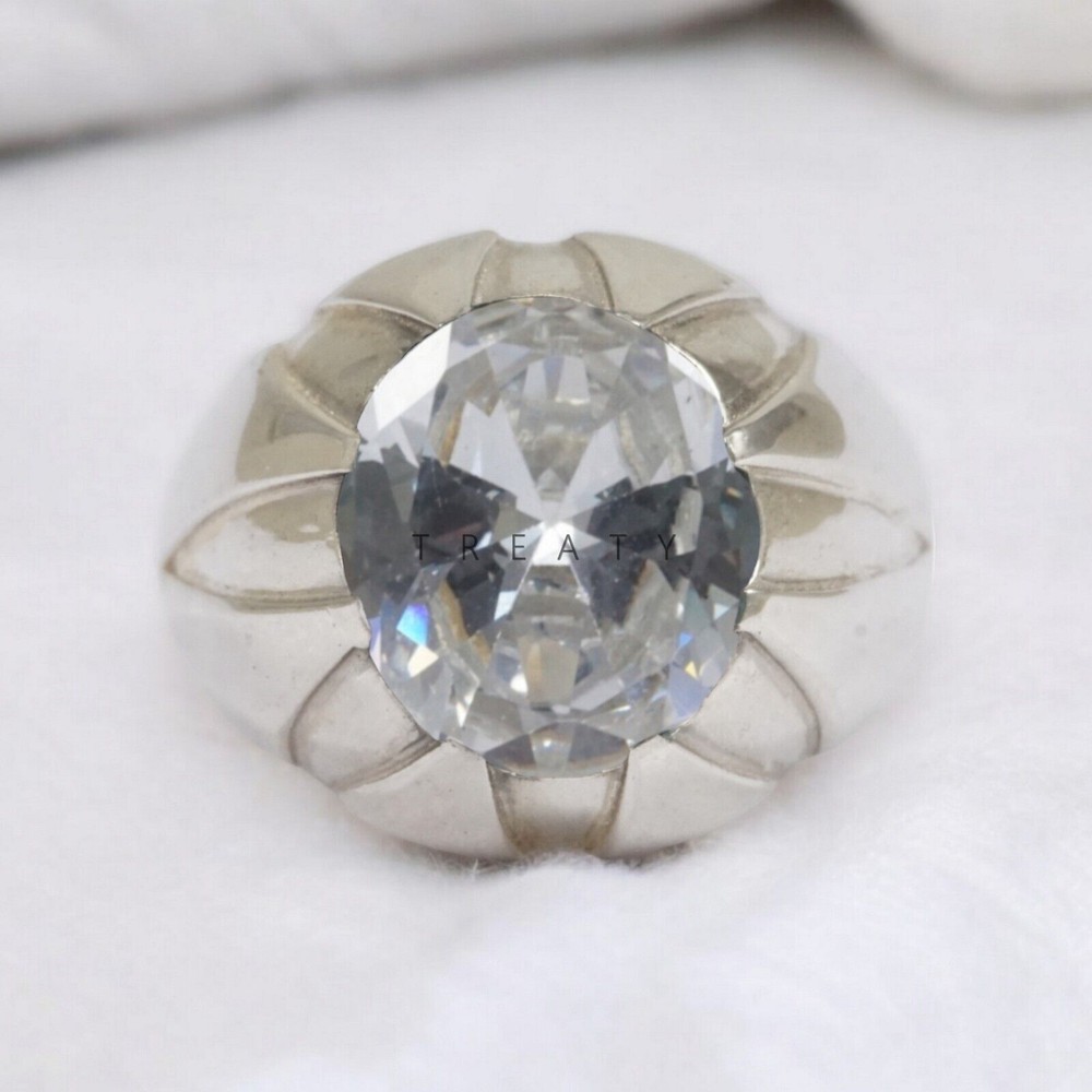 Moissanite Oval Cut Gemstone With 14K Solid White Gold Ring For Men's #A11