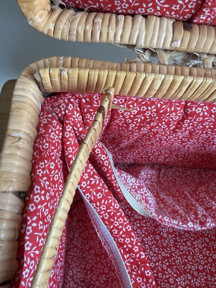 Vintage Wicker Sewing Basket w/ Red Fabric Liner, Please Read Description