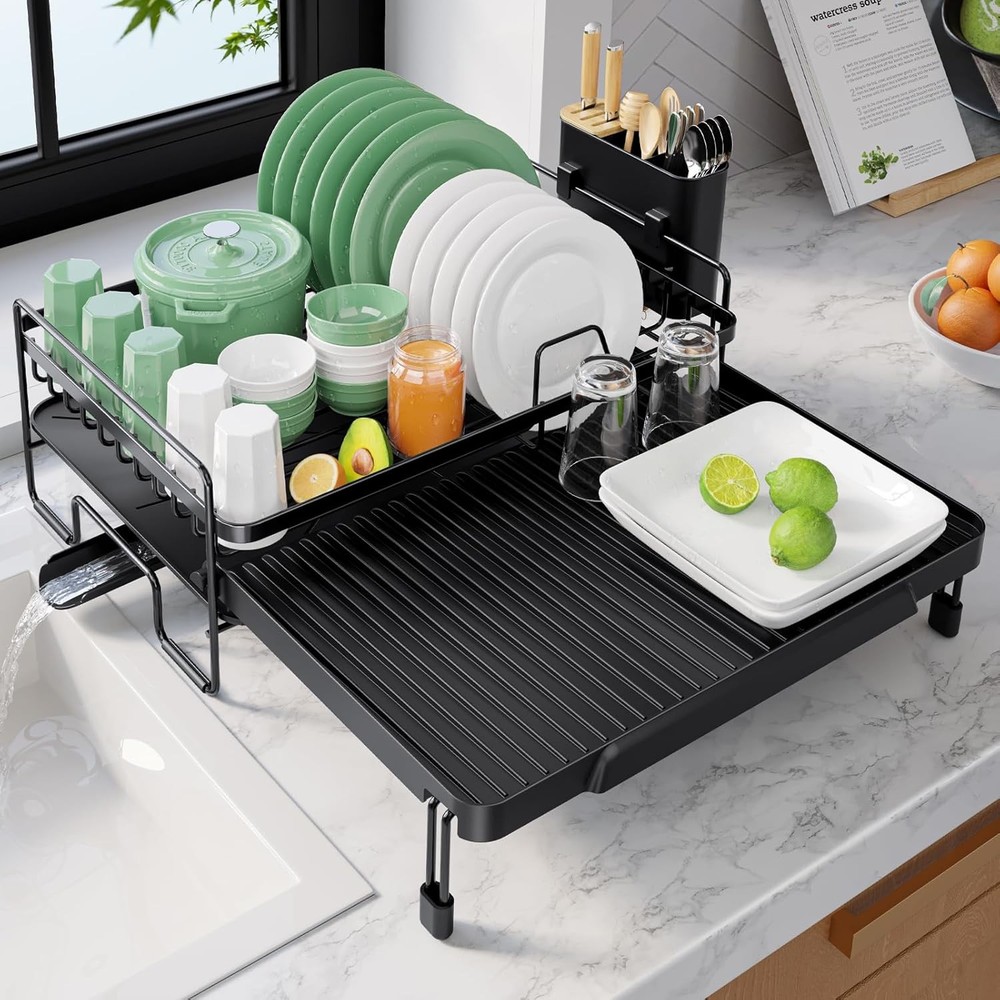 Extendable Dish Drying Rack Adjustable Length 12.8"–21.0" Auto-Draining Dish