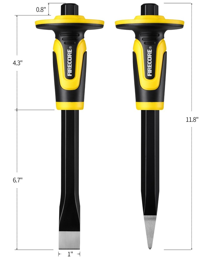 Firecore 3PCS Heavy Duty Masonry Rock Chisel Set w/ Hand Guard - Point & Flat