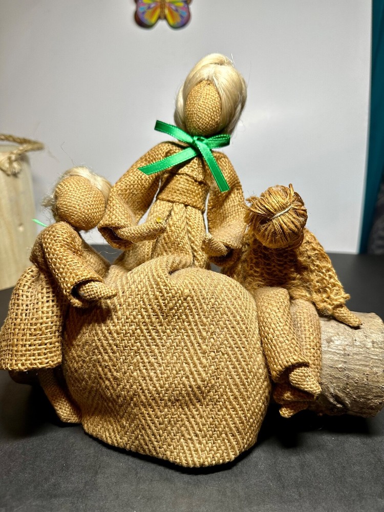 Vintage Burlap Figures Sitting On Real Log