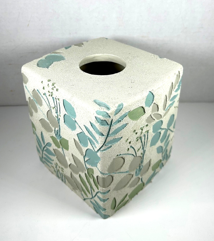 Textured Tissue Box Cover Cream Greens Branches Cube Creative Bath Co. 6” X 6”