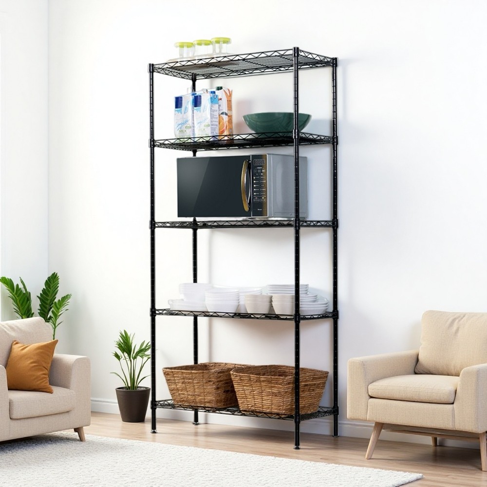 5-Tier Wire Shelving Unit - Adjustable, Black & Modular Kitchen Storage Rack