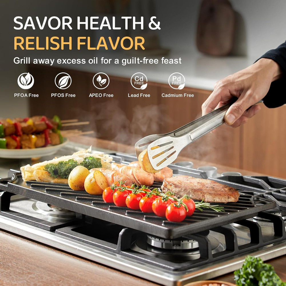 Reversible Grill/Griddle 16.7X9.5 Pre-Seasoned Cast Iron Griddle Pan Double Flat